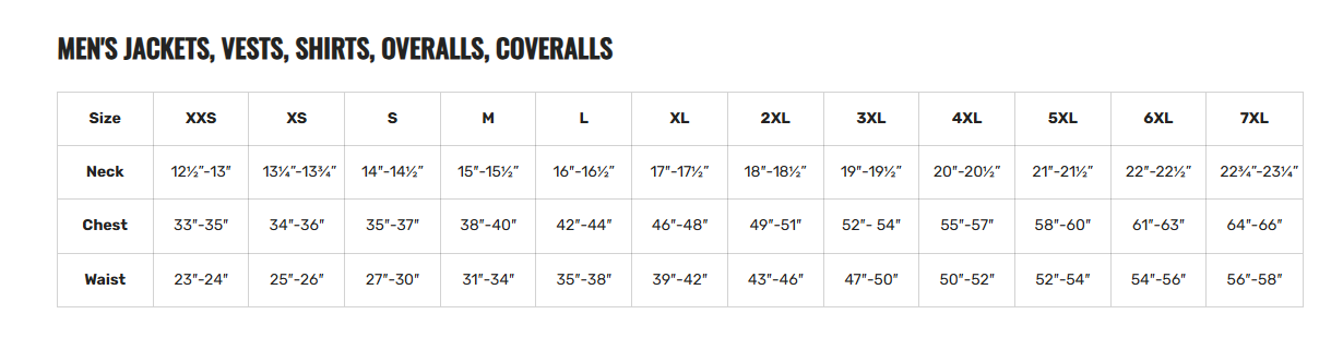 Tough Duck Jacket Size Chart